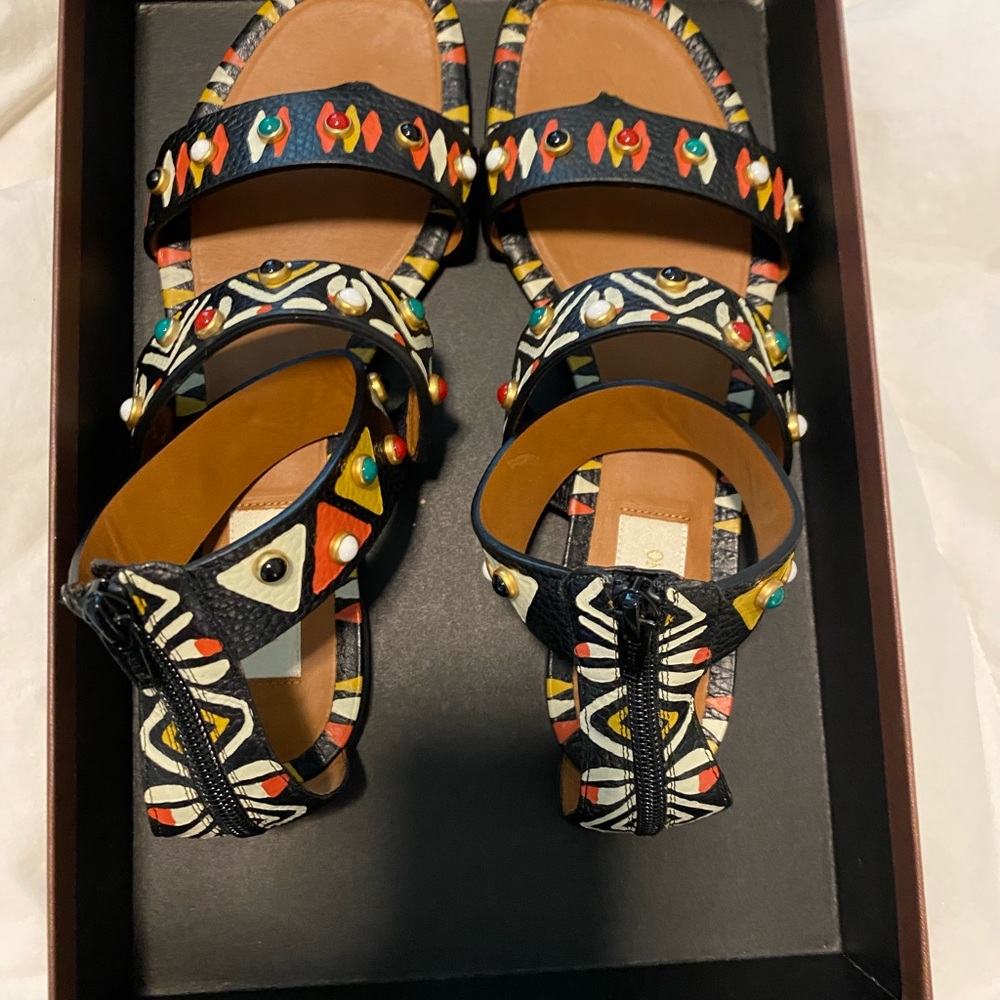 Valentino Black Multicolor Beaded Leather Flat Sandals